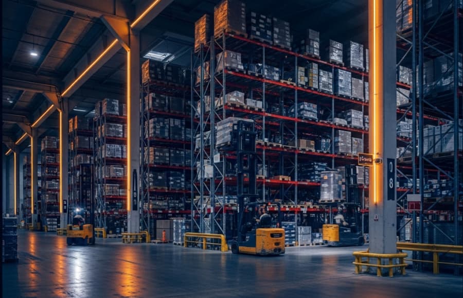 Equipo coordinando un centro logístico para abastecimiento general.