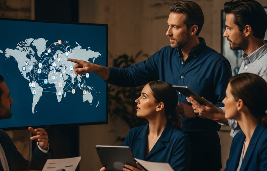 Equipo evaluando proveedores con paneles de datos.