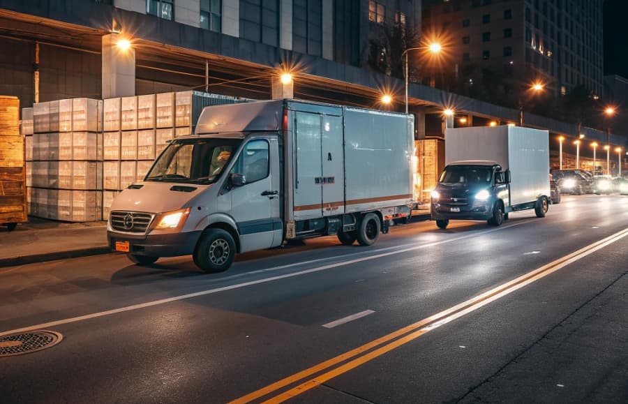 Flota logística coordinada y camiones en movimiento.